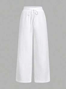 Set de 3 pantalones rectos sueltos de cintura alta con cordón y bolsillos, de unicolor y versátiles, adecuados para primavera/verano - Multicolor 7 - Ver 9