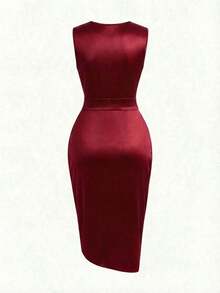 Vestido de mujer de alta gama y lujo, de moda de nicho francés retro, sin mangas, con pliegues, brillante, con abertura asimétrica y cintura ceñida - Burdeos - Ver 2