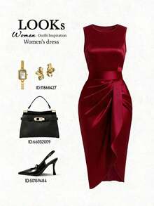 Vestido de mujer de alta gama y lujo, de moda de nicho francés retro, sin mangas, con pliegues, brillante, con abertura asimétrica y cintura ceñida - Burdeos - Ver 5