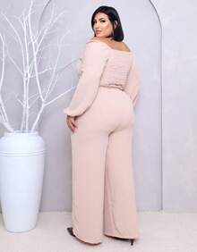 Plus Size Set: Off-The-Shoulder Cropped Top And Elegant High-Waisted Lined Palazzo Pants - 裸體 - 查看 9