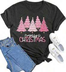 1 camiseta navideña para mujer - Camiseta gráfica con diseño de árbol de Navidad alegre y brillante, estampado de Papá Noel, camiseta gráfica para Nochebuena, camiseta festiva unisex para mujer y hombre, uso diario en festivales, 180g 100% algodón, los diseños están completamente impresos. Unisexo. - 9 Negro - Ver 1