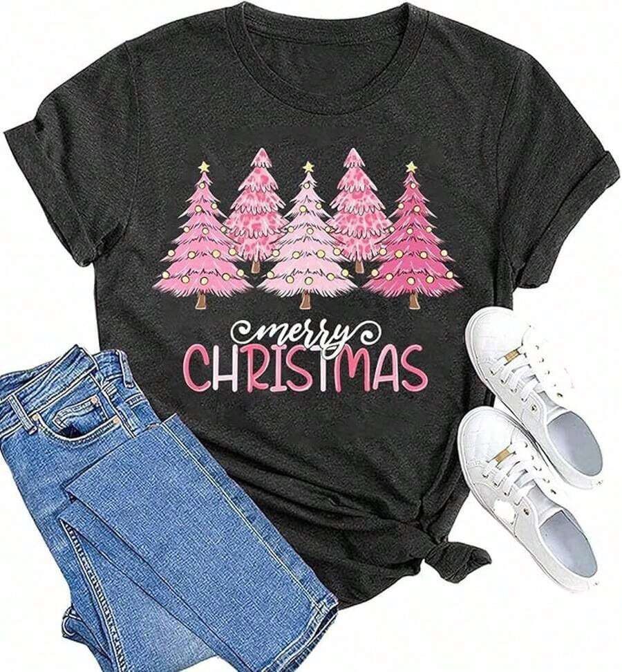 1 camiseta navideña para mujer - Camiseta gráfica con diseño de árbol de Navidad alegre y brillante, estampado de Papá Noel, camiseta gráfica para Nochebuena, camiseta festiva unisex para mujer y hombre, uso diario en festivales, 180g 100% algodón, los diseños están completamente impresos. Unisexo. - 9 Negro - Ver 1