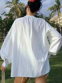 1 buah Atasan Penutup Wanita Motif Bunga Patchwork Tenun Applique untuk Liburan Musim Semi/Panas - Putih - View 2