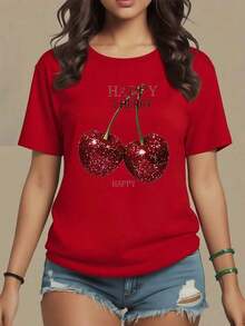 Two Bright Red Cherries Symbolize Joy, Vitality And Positive Energy In Daily Life. Women's T-Shirt, 100% Soft And Comfortable Cotton, For Casual Summer Wear, Maija Curvy Women. - 紅色 - 查看 1