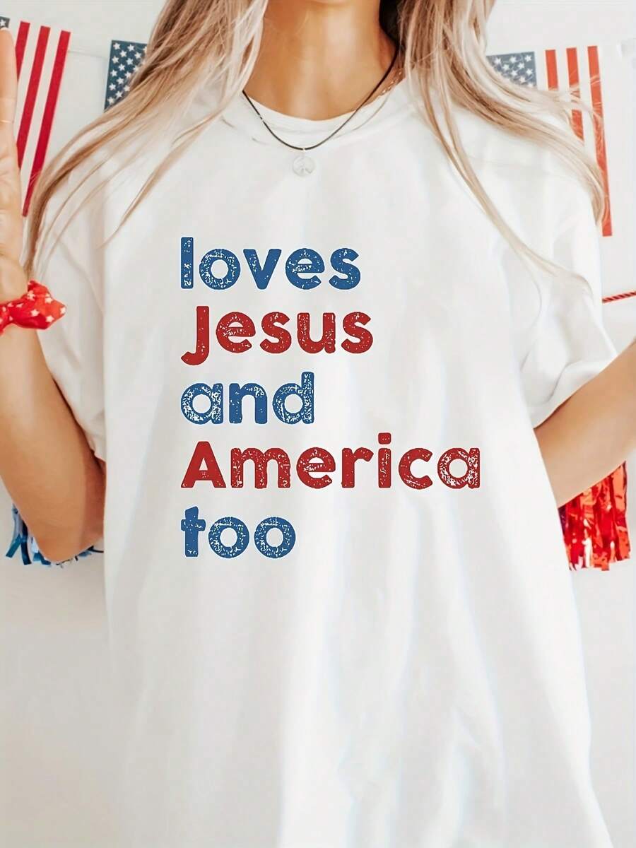 Camisetatriótica cristiana de 100 aodón de las mujeres-Amor a Jesús También Amor a América "Rojo Blanco Carta Azul Imprimir Día de la Independencia Cuello redondo Top Dios bene a América Ropa Bandera americana Accesorios Diseño de fuentes audaces Ropa inspir por la fe de alta calidad Compras de vacaciones Tejidos esenciales duraderos Ropa comunitaria Fe Nuevas gs Alén local Enviado Ropa de Navidad Regalos de mujeres Camiseta hermosa de las mujeres Camisetas con patrón superior  de despacho