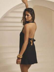 Women's Solid Color Casual/Party Mini Dress With Halter Neck - Black - View 2