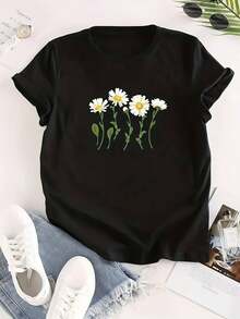 Camiseta Casual de Manga Corta para Mujer - Estampado Floral de Margaritas, Cuello Redondo, Elasticidad Media, Lavable a Máquina, Top de Verano, Moda Cotidiana, Ajuste Cómodo, Diseño Femenino, Material Transpirable, Camisetas para Adultos Y2k Camiseta Camisa De - Blanco - Ver 1