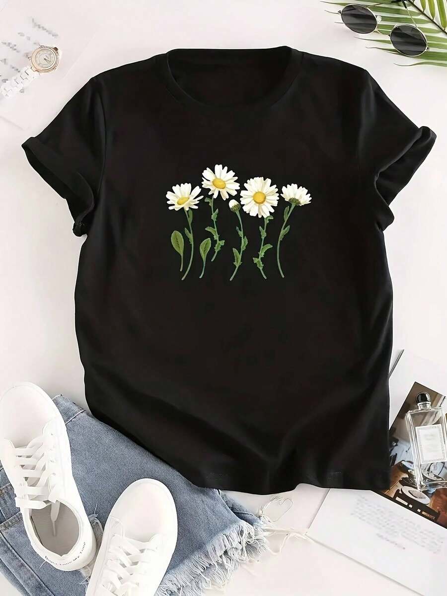 Camiseta Casual de Manga Corta para Mujer - Estampado Floral de Margaritas, Cuello Redondo, Elasticidad Media, Lavable a Máquina, Top de Verano, Moda Cotidiana, Ajuste Cómodo, Diseño Femenino, Material Transpirable, Camisetas para Adultos Y2k Camiseta Camisa De - Blanco - Ver 1