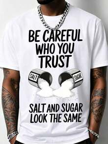 Men's Funny Gym T-Shirt With "Salt & Sugar Trust" Graphic Print - 200g Heavyweight Cotton, Loose Fit, Breathable, Short Sleeve, Crew Neck, Casual And Sporty Summer T-Shirt - Salt Shaker Design For Salt Lovers (Machine Washable) - Black With White Salt Crystal Print, Loose Fit T-Shirt For Outdoor Fitness, Geometric Pattern, Adult Men's Fashion, Humorous Salt-Themed Design - 白色 - 查看 1