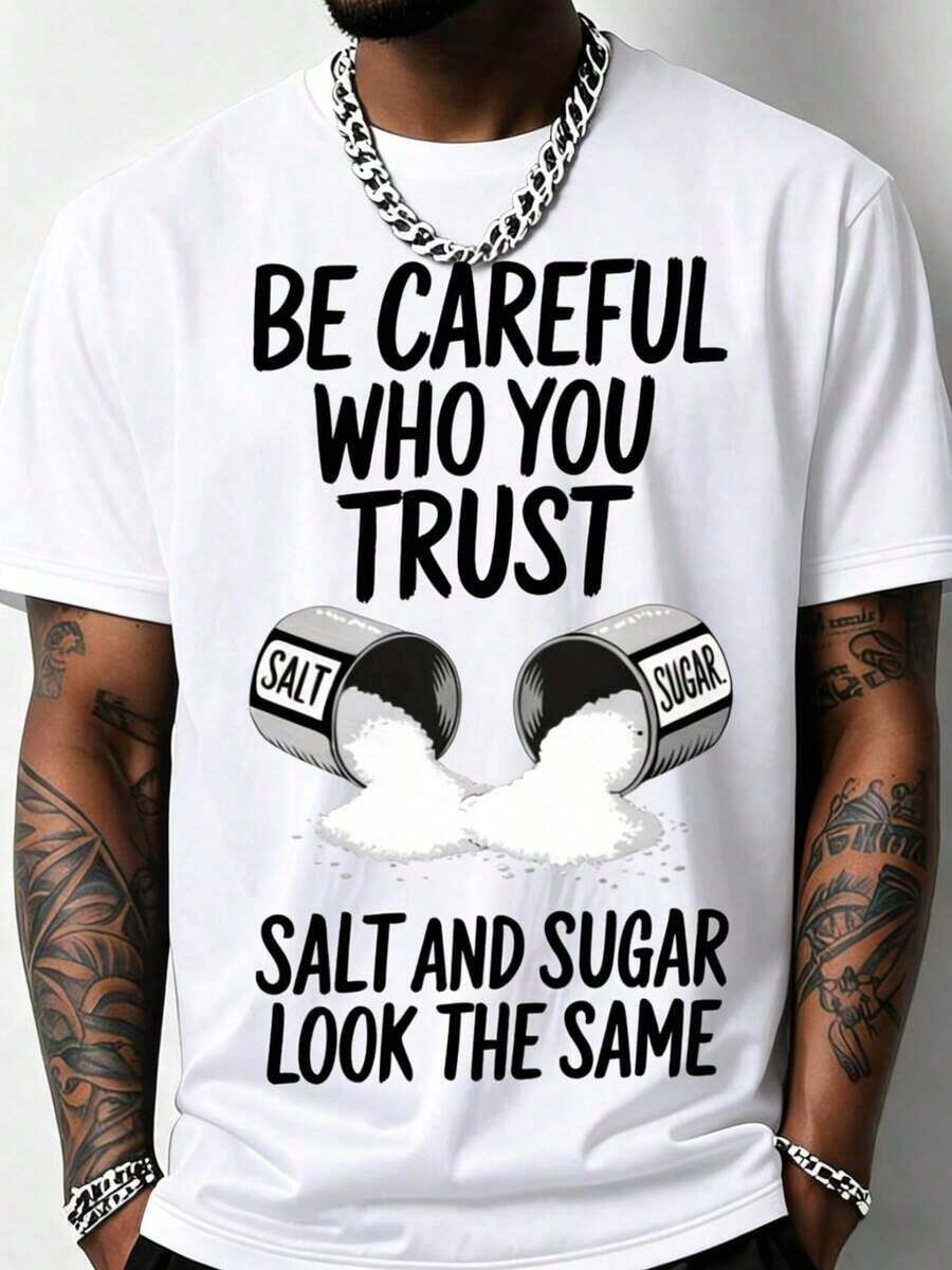 Men's Funny Gym T-Shirt With "Salt & Sugar Trust" Graphic Print - 200g Heavyweight Cotton, Loose Fit, Breathable, Short Sleeve, Crew Neck, Casual And Sporty Summer T-Shirt - Salt Shaker Design For Salt Lovers (Machine Washable) - Black With White Salt Crystal Print, Loose Fit T-Shirt For Outdoor Fitness, Geometric Pattern, Adult Men's Fashion, Humorous Salt-Themed Design - 白色 - 查看 1