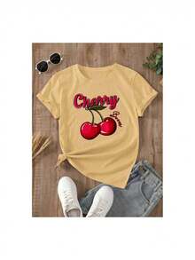 YOCASA Women's Casual Summer T-Shirt, Round Neck, Fitted, Short Sleeve, With Oil Painting Print, Floral, Heart, Cherry, And Letter Patterns. Simple Casual Fabric, Sporty Style, Ideal For Everyday Wear And Valentine's Day Dates. 1 Piece, 180g Pure Heavy, 95% Polyester 5% Spandex. 100% Cotton Durable - 黃色 - 查看 2