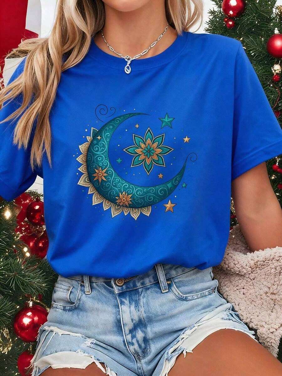 Minimalista | 1 Playera para Mujer 100% Algodón Transpirable | Camisetas estampadas para mujer, camisetas navideñas para mujer, camiseta gráfica con diseño de estrella, mandala y luna, manga corta, cuello redondo, corte casual, blusa elástica, ajuste cómodo, camisetas de algodón, camisetas para mujer – un gran regalo para familiares, amigos, novios y novias, ropa de invierno para mujer, ideal para el verano. Camiseta de Mujer de Color Sólido Simple, Corte Holgado y Ajustado, Casual de Manga Corta - Azul - Ver 1