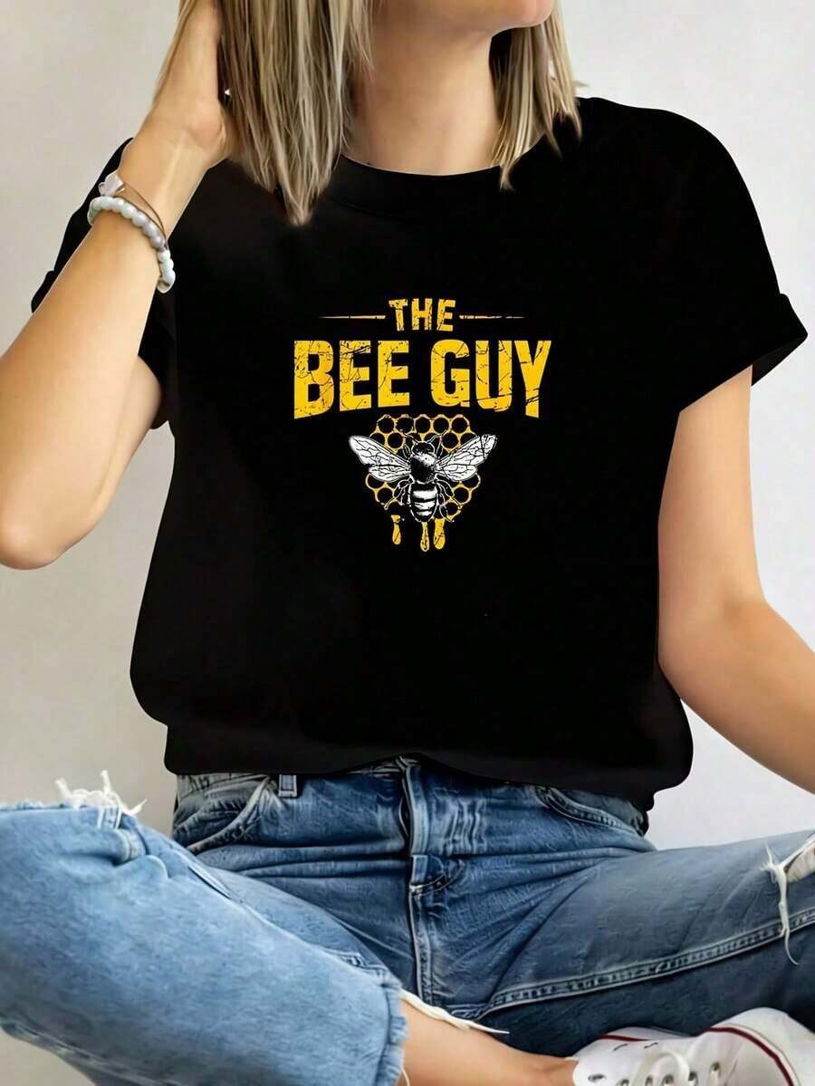 1 pieza Camiseta de Apicultor, Amante de Insectos y Animales, Apicultura y Apicultor, Camiseta de Mujer, Novedosa, de Cuello Redondo, Casual, Divertida, de Gran Tamaño, con Estampado Gráfico, Manga Corta, 100% Algodón de 180g, los diseños están impresos. Unisexo. - Negro - Ver 1