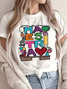 IlustracióN Colorida Con La Palabra MAESTRA AcompañAda De Globo TerráQueo LáPiz CorazóN Libros Y SíMbolos De EnseñAnza Que Expresan Amor Por Educar Camiseta Para Mujer 100% AlgodóN CóModa Y Moderna - Negro - Ver 8