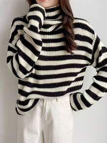 Striped High Neck Knit Pullover Sweater, Loose Slouchy Silhouette, Soft Thick Fabric, Versatile Slimming Youthful Casual Top For Autumn/Winter Fall - Multicolor - View 8