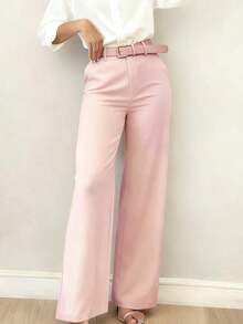 Pantalones casuales de pierna acampanada con diseño minimalista para mujer, adecuados para ir al trabajo, la oficina, uso diario, todo el año, color rosa primaveral - Rosa - Ver 1