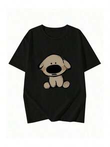 Camiseta de manga corta con cuello redondo para mujer, nueva de verano con estampado de perro de dibujos animados, top holgado, versátil y casual a la moda. - Negro - Ver 4