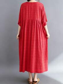 AZAH 2026 波希米亞風海灘洋裝，大尺碼女款 A 字版休閒夏季圓領蝙蝠袖短洋裝，附口袋，優雅 - 紅色 - 查看 4