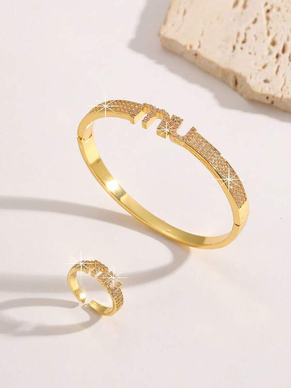 1 Set 18K Gold Plated Copper Letter & Cubic Zirconia Bracelet And Ring Set, Fashionable Versatile Daily Wear For Women