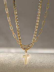 2pcs/Set Fashion Creative Gold-Tone Safety Pin Chain, Cross & Cubic Zirconia Anklet Jewelry - Yellow Gold - View 5