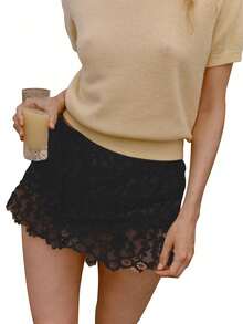 Womenacute;s Elegant Lace Mini Skirt With Inner Shorts Scalloped Hem Sheer Floral Pattern High Waist Party Night Out Bottoms - Negro - Ver 5
