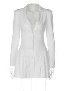 Elegant Short Dress With Blazer Collar And Deep V-Neck In A Solid Color - 白色 - 查看 10