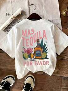 Camiseta casual de mujer con estampado de copa de margarita, tequila, cóctel, limón, flor, hoja y letras, cuello redondo, ropa deportiva casual de primavera/verano, ideal para vacaciones, transpirable y cómoda. - Blanco 2 - Ver 2