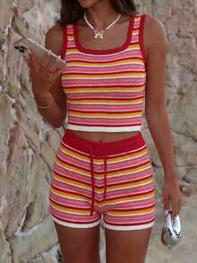 Summer Striped Casual Knit 2 Pieces Set, Square Neck Cropped Tank Top, Suitable For Vacation & Outings Elegant - Pink and White Stripes - View 3