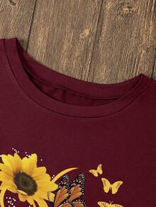 LUNE Blusa estampada con girasol y mariposa para mujer - Burdeos - Ver 4