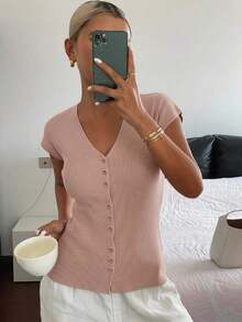 Cárdigan casual de verano para mujer, de unicolor, ajustado, de cuello en V, elástico y delgado - Rosa Pálido - Ver 6
