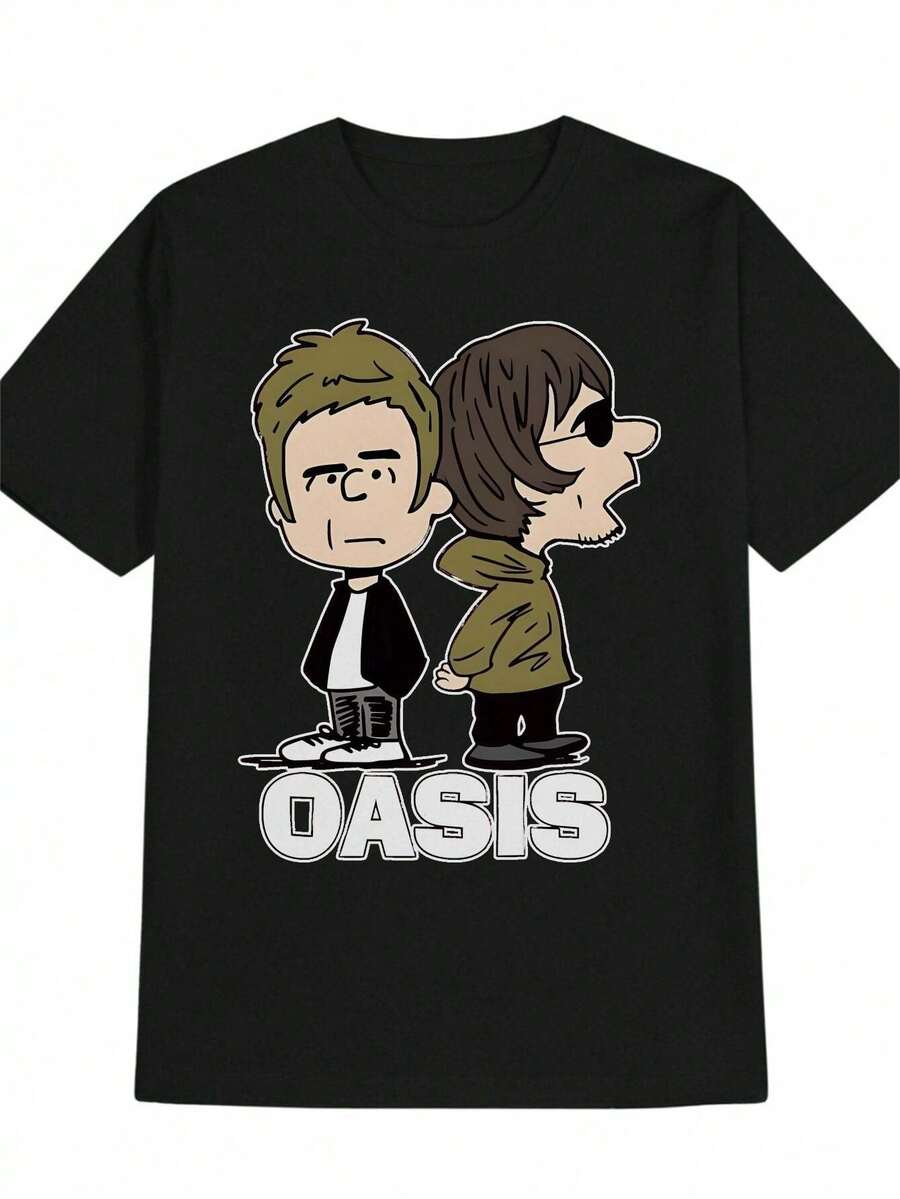 Camiseta Casual para Hombre con Estampado de Personajes de Dibujos Animados OASIS - Cuello Redondo, Manga Corta, Ropa de Verano, Corte Regular, Regalo Perfecto para Hombres, Camiseta Casual de Verano con Gráficos de Dibujos Animados, Ajuste Cómodo, Estilo Y2k - Negro - Ver 1