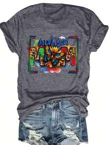 Camiseta de talla grande con estampado de madre autista, top casual de manga corta y cuello redondo para primavera y verano, ropa de talla grande para mujer. - Gris Oscuro - Ver 1