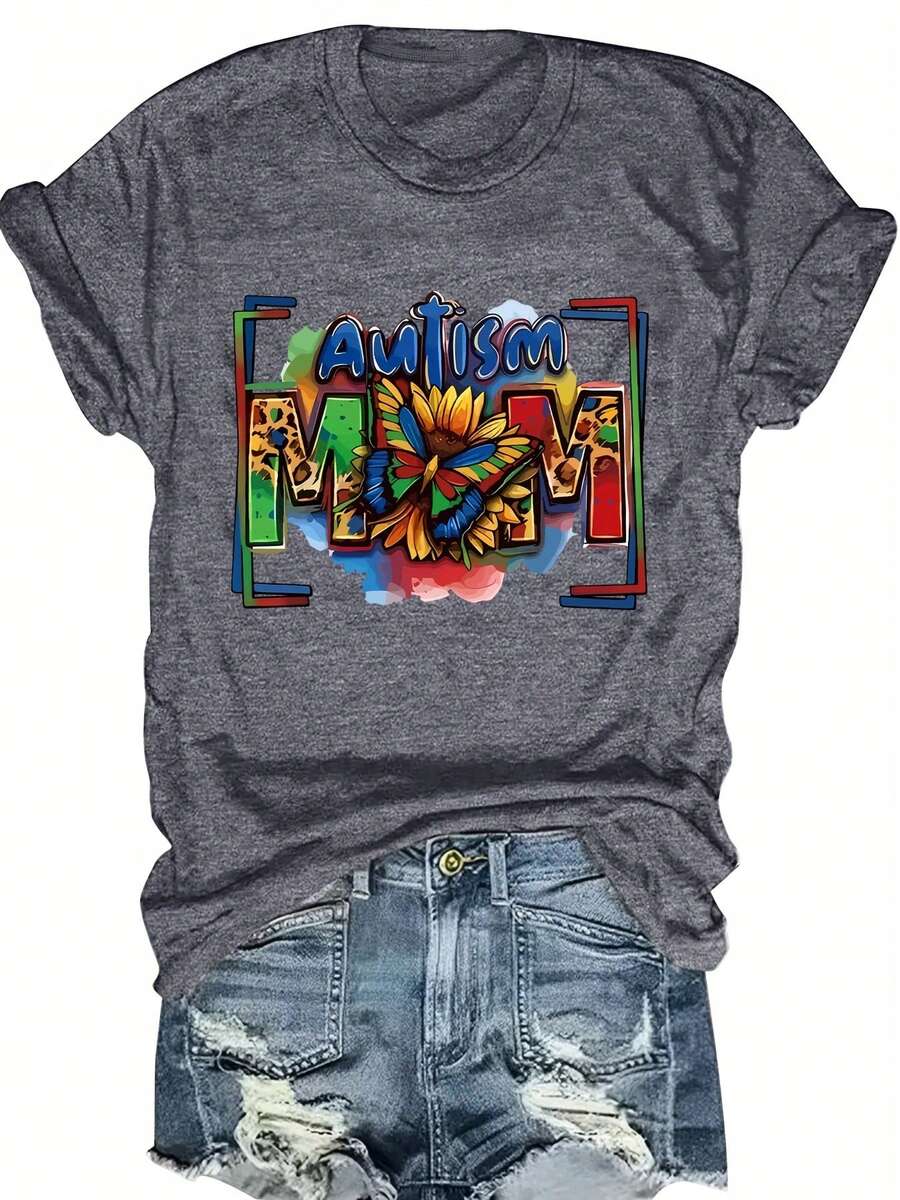 Camiseta de talla grande con estampado de madre autista, top casual de manga corta y cuello redondo para primavera y verano, ropa de talla grande para mujer. - Gris Oscuro - Ver 1