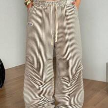 Women's Plus Size Summer Going Out Outfit Casual Streetwear Mid Rise Wide Leg Elastic Waistband  Letter Graphic Drawstring Waist Pocket Striped Pleated Pants Oversized Inclusive Sizing Pant - Azul y blanco - Ver 6