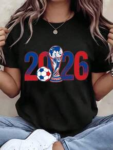 Camiseta de Mujer, Camiseta de Moda con Estampado de Trofeo de la Copa del Mundo y Balón de Fútbol, Cuello Redondo, Corte Estándar, Ropa Casual, Idea de Regalo para Aficionados al Fútbol, 220g, playeras de mujer - Negro - Ver 10