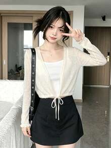 Áo khoác cardigan dài tay màu trắng mới mùa hè, kiểu dáng gợi cảm, thắt dây eo, chống nắng, chất liệu dệt kim, thanh lịch, nữ tính, đa năng, phù hợp đi làm, đi biển, dự tiệc, hẹn hò, đám cưới, đi học. - Màu be - Xem 1