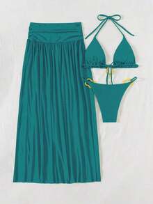 Vaytide Set de 3 piezas: Bikini de tela brillante de unicolor con diseño de aro de metal asimétrico + Vestido de malla larga tipo capa para la playa, traje de baño de resort vacacional para mujer - Verde 2 - Ver 6