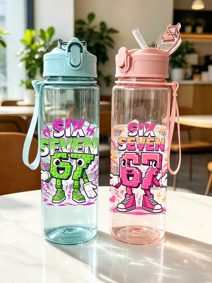 1个750毫升卡通67元素印花夏季水瓶,带吸管,卡通水壶,适合户外运动,便携式礼品杯 - 無色 - 查看 1