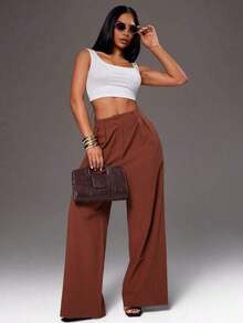 Pantalones anchos de pierna ancha de color café oscuro de moda minimalista para mujeres, pantalones de tela marrón de pierna ancha para el trabajo, pantalones de tiro alto de pierna ancha marrón para mujeres, pantalones de traje marrón para otoño/invierno - Café integral 2 - Ver 4