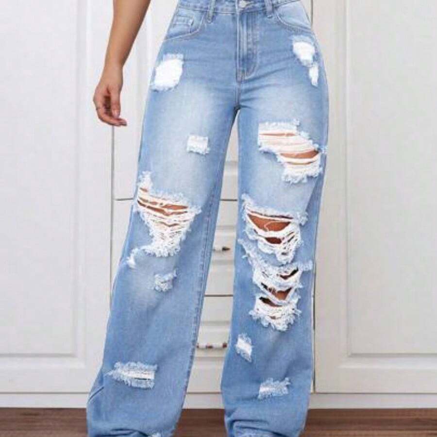 ICON Plus Size Women's Street Style Distressed Straight Leg Jeans, Summer - Lavado ligero - Ver 1