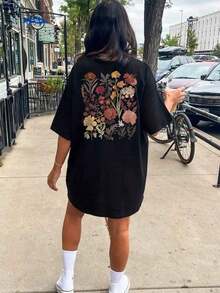 Camiseta de talla grande con estampado floral de verano - Negro 2 - Ver 3