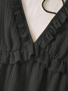 Vestido mini de mujer de color amarillo liso con volantes en los tirantes, de estilo casual de vacaciones, para verano - Negro - Ver 4