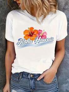 1 Piece Women's Clothing Set With Orange And Pink Hibiscus Pattern, "Aloha Hawaii" Words And Blue Wave Pattern, Casual Sports Crew Neck Clothes, Beach Vacation Fashion, Women's Winter Clothes, Christmas Gift, Autumn Clothes - 白色 - 查看 1