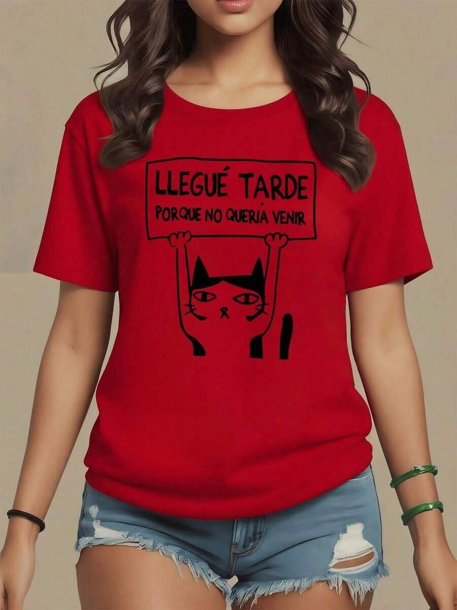 Funny Cat Holding A Sign With A Funny Phrase About Laziness And Sincerity That Reflects Relaxed Humor, Women's T-Shirt, 100% Soft And Comfortable Cotton For Everyday Use, Maija Curvy Women. - 紅色 - 查看 1