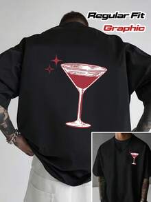 Camiseta Negra para Hombre - Camiseta con Diseño Gráfico de Martini y Copa de Cóctel Roja - Camiseta Transpirable de Corte Regular para Fiestas, Atuendos Casuales y Vestimenta Informal - Camiseta de Verano Lavable a Máquina para Baresmanos y Amantes de los Cócteles, Ropa de Fiesta, Material Cómodo, Camiseta de Manga Corta, Camiseta Y2k para Fiesteros - Negro - Ver 1