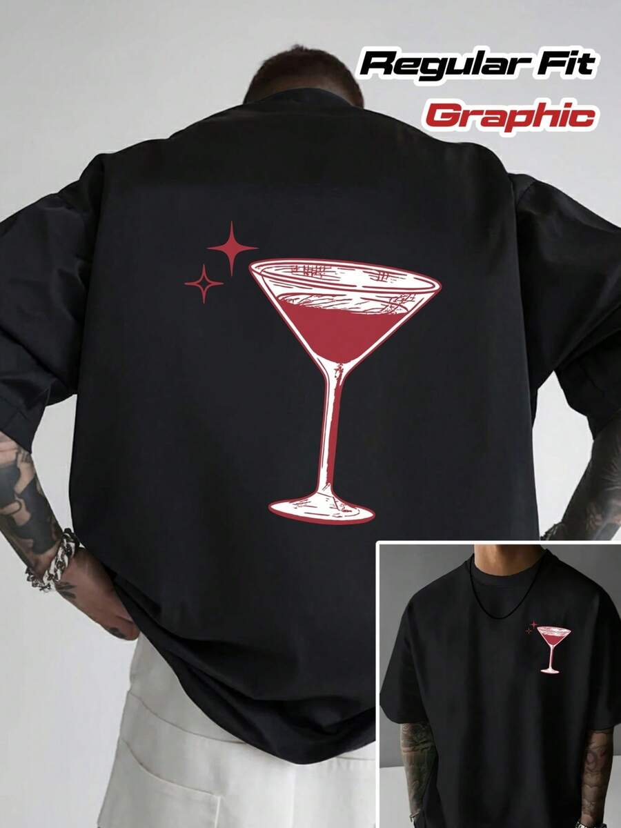 Camiseta Negra para Hombre - Camiseta con Diseño Gráfico de Martini y Copa de Cóctel Roja - Camiseta Transpirable de Corte Regular para Fiestas, Atuendos Casuales y Vestimenta Informal - Camiseta de Verano Lavable a Máquina para Baresmanos y Amantes de los Cócteles, Ropa de Fiesta, Material Cómodo, Camiseta de Manga Corta, Camiseta Y2k para Fiesteros - Negro - Ver 1