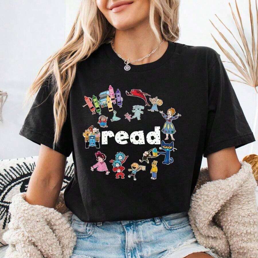 GiftGiftGiftGiftComfort Colots Teacher T-Shirt With Book Print For Kids, Oversized Graphic Tees For Women, Book Lover T-Shirt, Teacher T-Shirt, Elementary School Teacher T-Shirt, Kindergarten T-Shirt, Summer T-Shirts And Tops For Women, Pure Cotton Short Sleeve Crew Neck Urban Style T-Shirt, Soft. Soft - Black002 - 查看 1