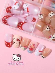 SANRIO 96片装（4种不同款式/盒）三丽鸥Hello Kitty短椭圆法式美甲贴纸，包含可爱的3D Hello Kitty、豹纹、波点、蝴蝶结、花朵、海豚和爱心图案，以及水晶猫眼设计，粉嫩少女风，完美适配亚克力美甲套装，内含1瓶果冻胶和1把指甲锉，适合女性日常派对使用。 - 彩色 - 查看 4