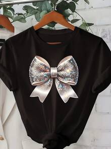 Camiseta de algodón de manga corta para mujer B448 [Camiseta de manga corta con cuello redondo y estampado de lazo de mariposa] - Negro - Ver 5