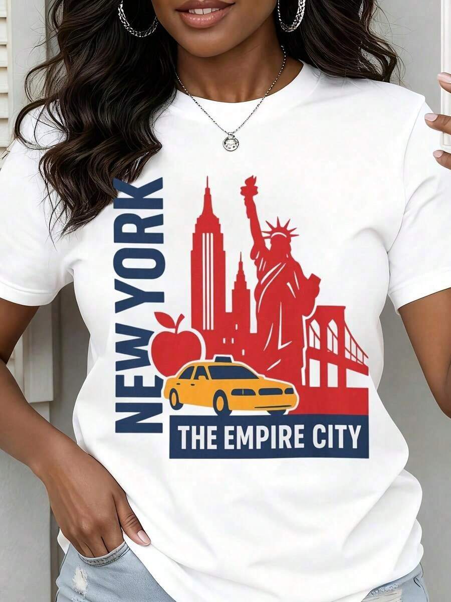 Women's Crew Neck T-Shirt With New York Skyline, Statue Of Liberty, Taxi And Apple Print, Short Sleeve, Casual Summer Style - 白色 - 查看 1